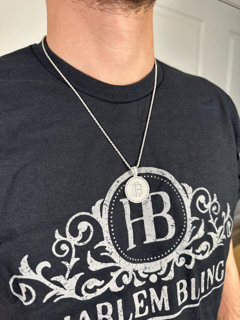 HarlemBling Real 925 Silver 14K Gold Plated Iced Letter B BITCOIN CZ Pendant Necklace HipHop