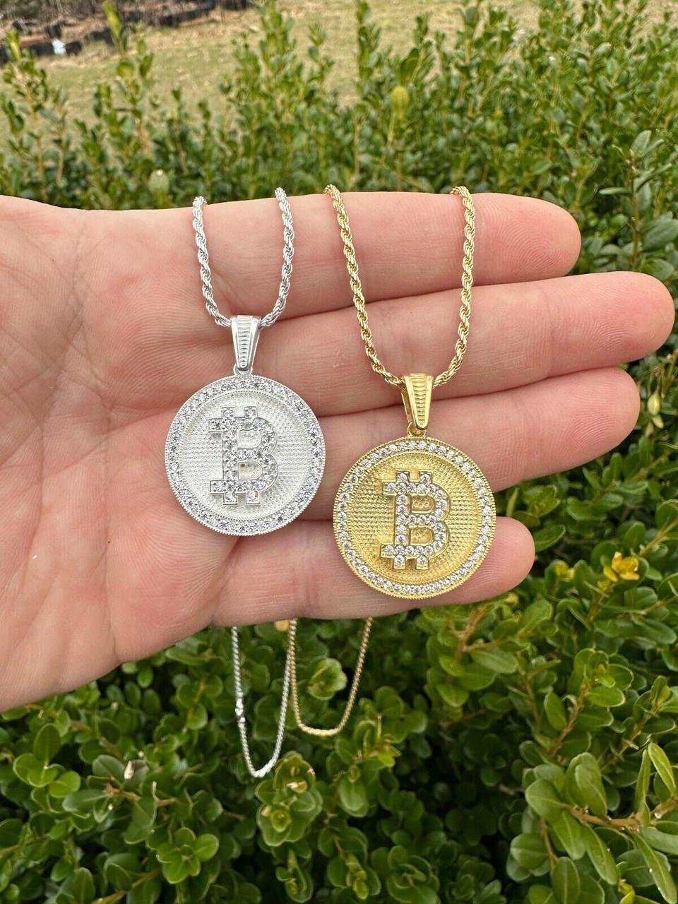 HarlemBling Real 925 Silver 14K Gold Plated Iced Letter B BITCOIN CZ Pendant Necklace HipHop