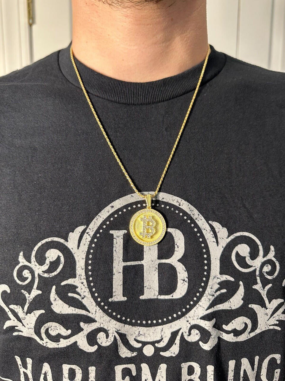 HarlemBling Real 925 Silver 14K Gold Plated Iced Letter B BITCOIN CZ Pendant Necklace HipHop