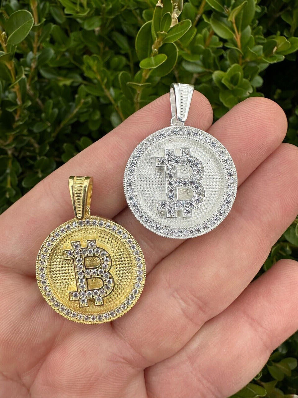 HarlemBling Real 925 Silver 14K Gold Plated Iced Letter B BITCOIN CZ Pendant Necklace HipHop