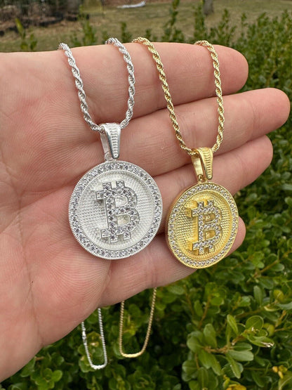 HarlemBling Real 925 Silver 14K Gold Plated Iced Letter B BITCOIN CZ Pendant Necklace HipHop