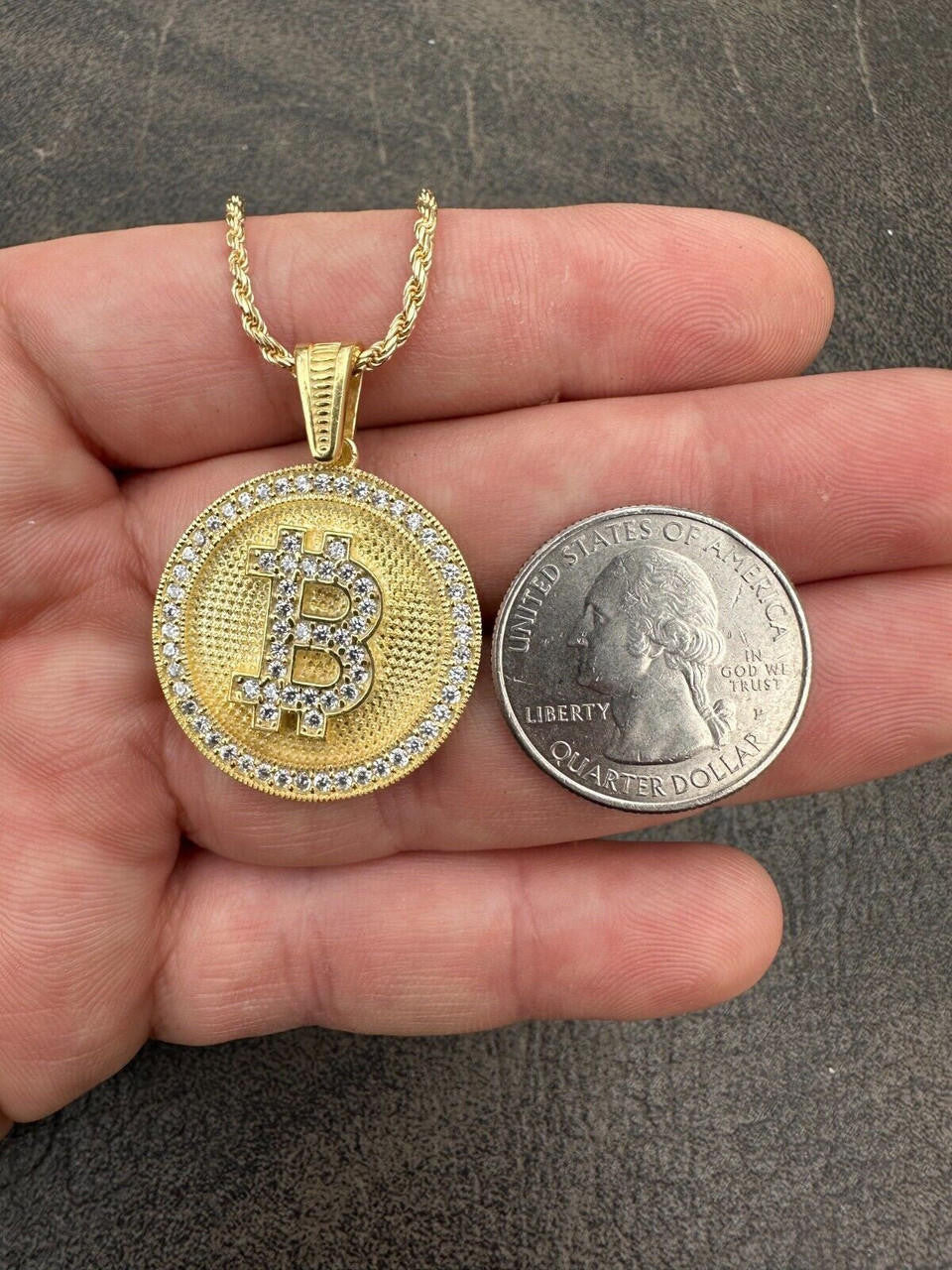 HarlemBling Real 925 Silver 14K Gold Plated Iced Letter B BITCOIN CZ Pendant Necklace HipHop