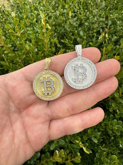HarlemBling Real 925 Silver 14K Gold Plated Iced Letter B BITCOIN CZ Pendant Necklace HipHop
