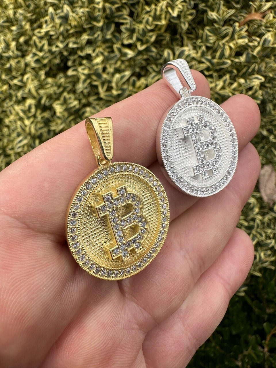 HarlemBling Real 925 Silver 14K Gold Plated Iced Letter B BITCOIN CZ Pendant Necklace HipHop