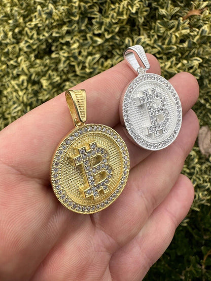 HarlemBling Real 925 Silver 14K Gold Plated Iced Letter B BITCOIN CZ Pendant Necklace HipHop