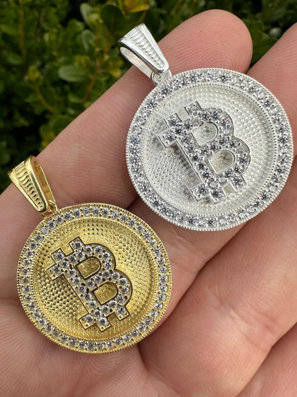 HarlemBling Real 925 Silver 14K Gold Plated Iced Letter B BITCOIN CZ Pendant Necklace HipHop