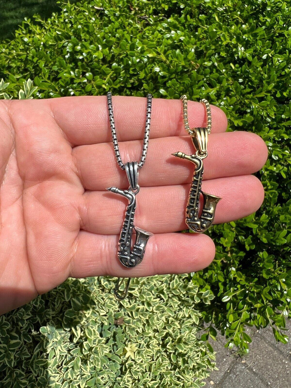 HarlemBling Real 925 Silver / 14k Gold Plated Jazz Saxophone Musical Pendant Necklace Charm