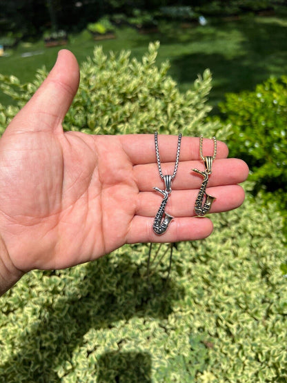 HarlemBling Real 925 Silver / 14k Gold Plated Jazz Saxophone Musical Pendant Necklace Charm