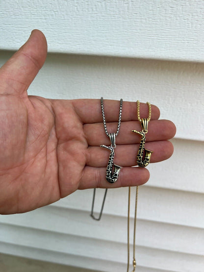 HarlemBling Real 925 Silver / 14k Gold Plated Jazz Saxophone Musical Pendant Necklace Charm