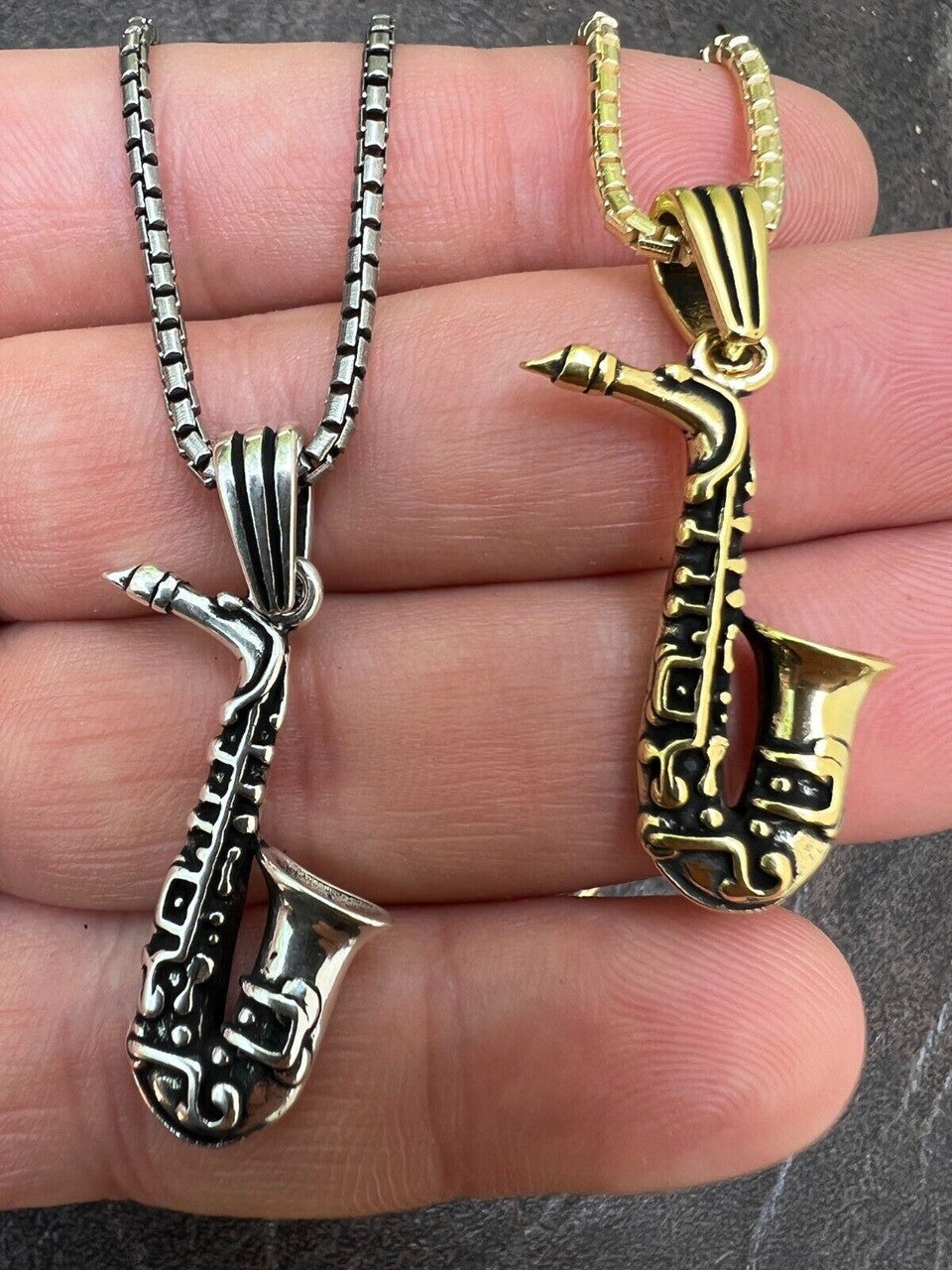 HarlemBling Real 925 Silver / 14k Gold Plated Jazz Saxophone Musical Pendant Necklace Charm