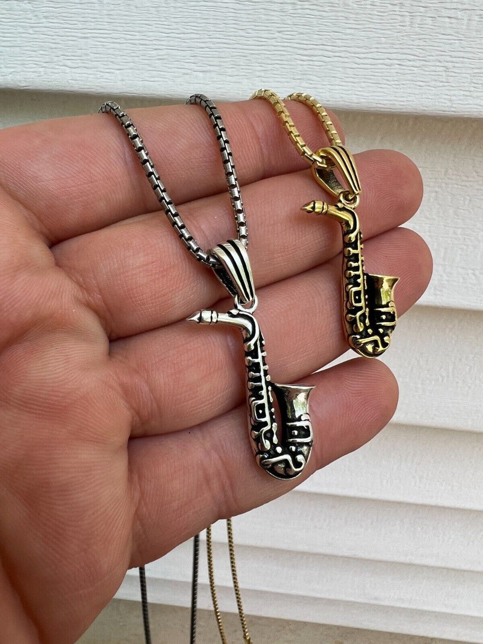 HarlemBling Real 925 Silver / 14k Gold Plated Jazz Saxophone Musical Pendant Necklace Charm