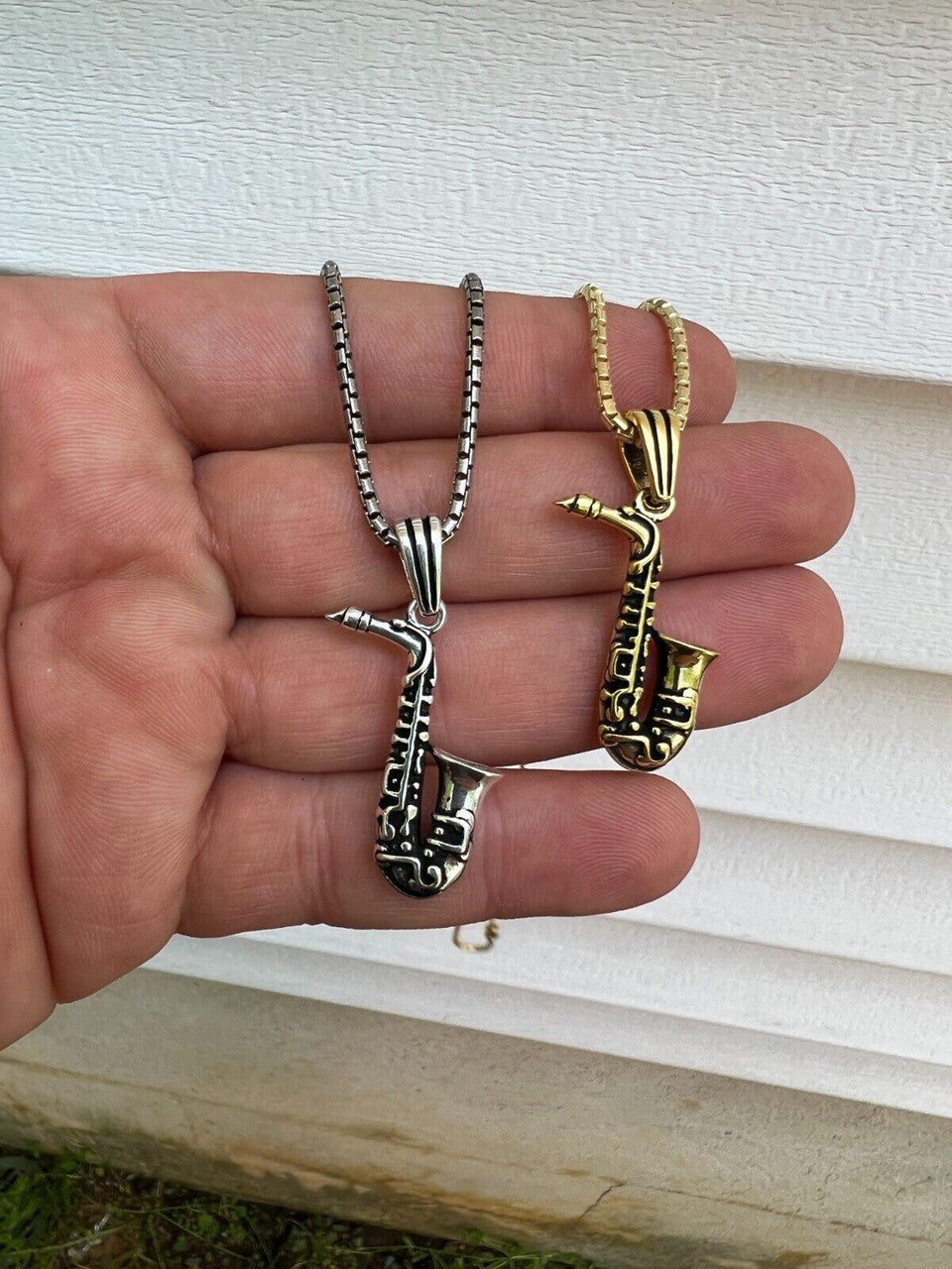 HarlemBling Real 925 Silver / 14k Gold Plated Jazz Saxophone Musical Pendant Necklace Charm