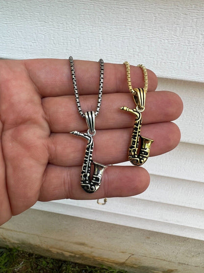 HarlemBling Real 925 Silver / 14k Gold Plated Jazz Saxophone Musical Pendant Necklace Charm