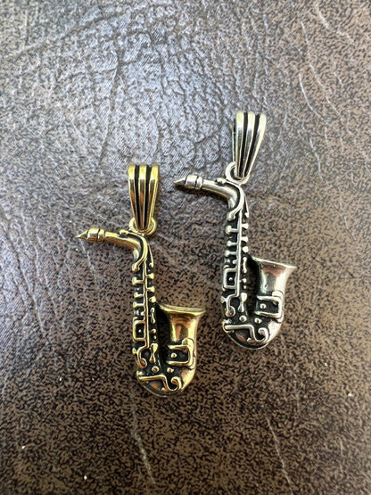 HarlemBling Real 925 Silver / 14k Gold Plated Jazz Saxophone Musical Pendant Necklace Charm