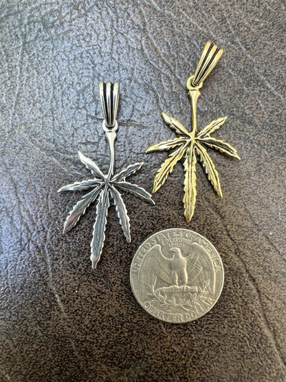 HarlemBling Real 925 Silver / 14k Gold Plated Marijuana Leaf Oxidized Pendant Necklace Charm