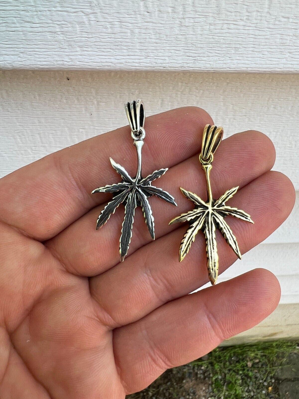 HarlemBling Real 925 Silver / 14k Gold Plated Marijuana Leaf Oxidized Pendant Necklace Charm