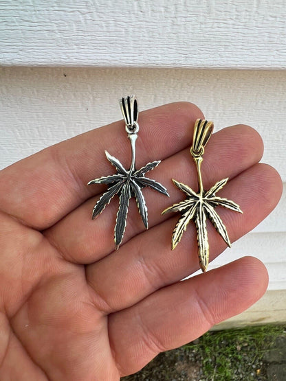 HarlemBling Real 925 Silver / 14k Gold Plated Marijuana Leaf Oxidized Pendant Necklace Charm