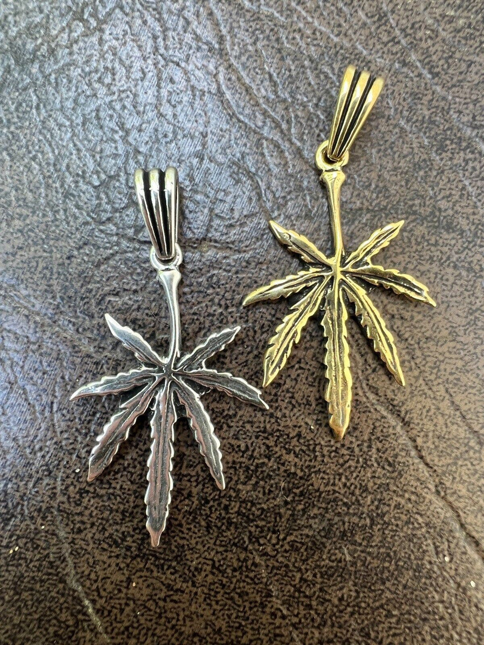 HarlemBling Real 925 Silver / 14k Gold Plated Marijuana Leaf Oxidized Pendant Necklace Charm