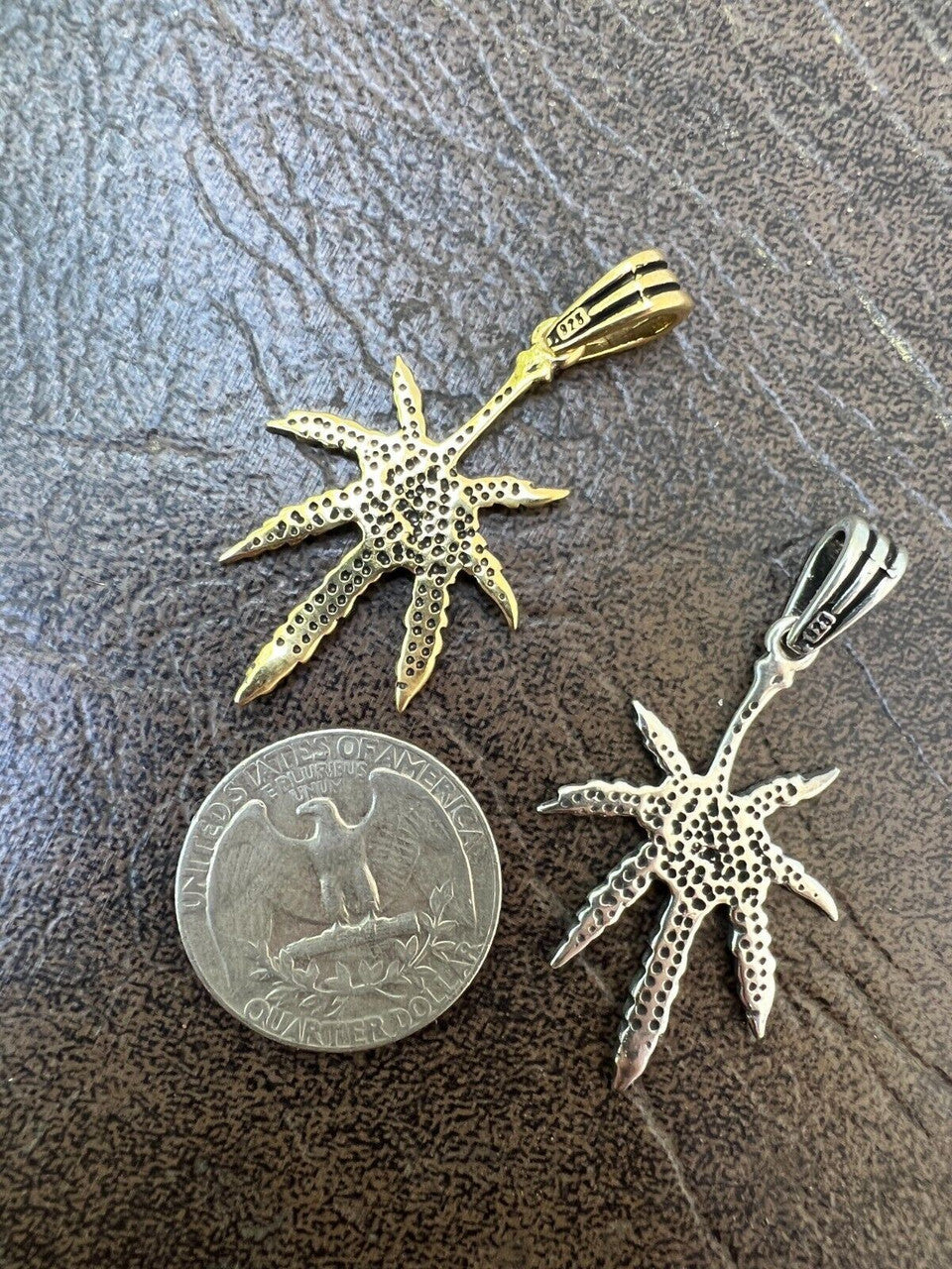 HarlemBling Real 925 Silver / 14k Gold Plated Marijuana Leaf Oxidized Pendant Necklace Charm