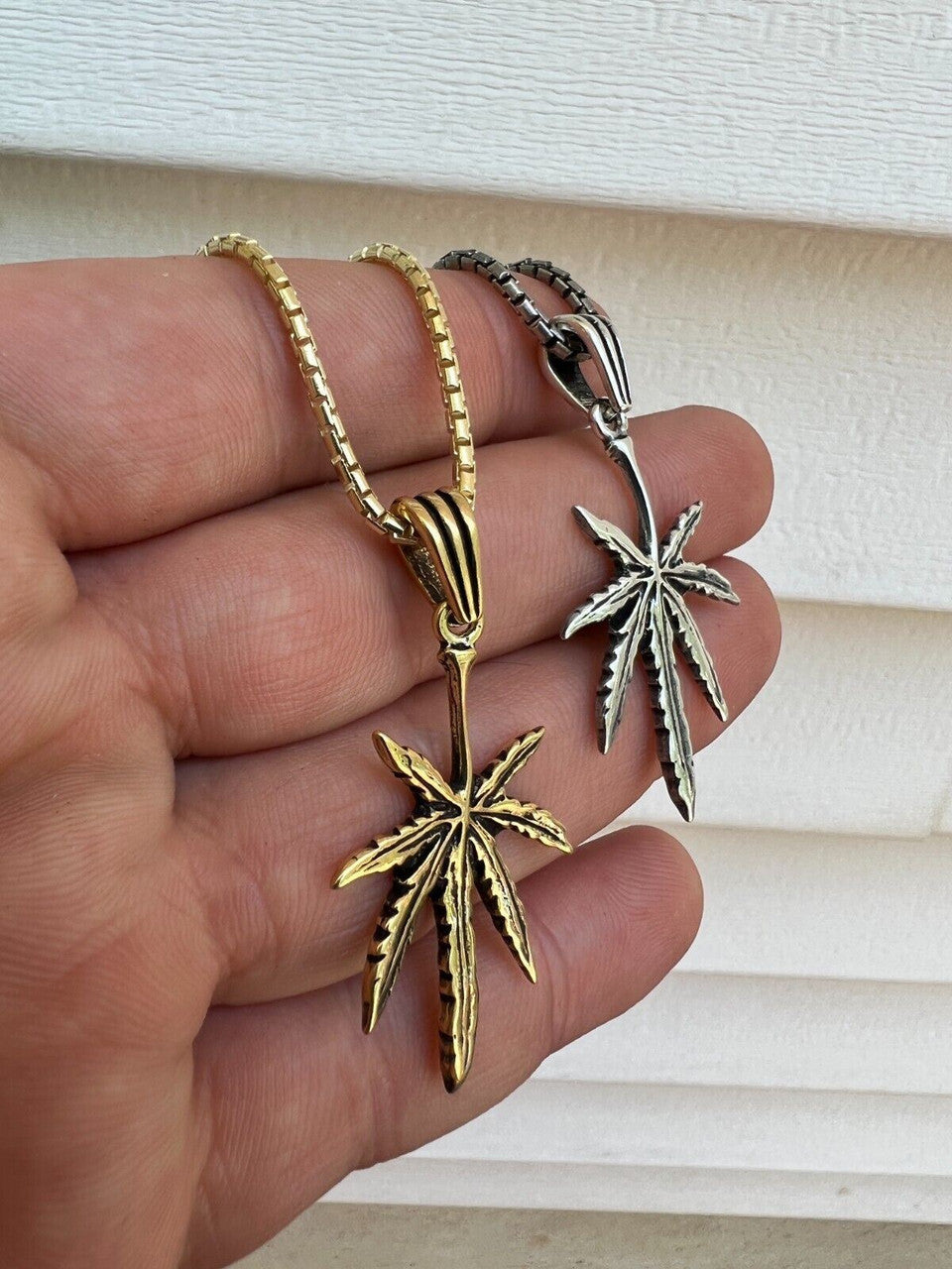 HarlemBling Real 925 Silver / 14k Gold Plated Marijuana Leaf Oxidized Pendant Necklace Charm