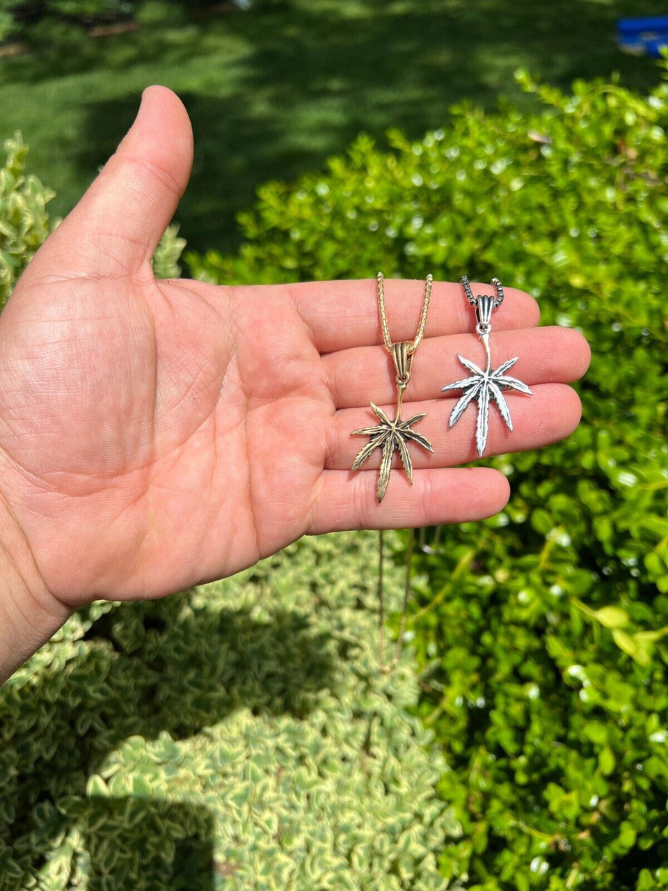 HarlemBling Real 925 Silver / 14k Gold Plated Marijuana Leaf Oxidized Pendant Necklace Charm