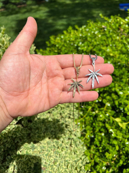 HarlemBling Real 925 Silver / 14k Gold Plated Marijuana Leaf Oxidized Pendant Necklace Charm
