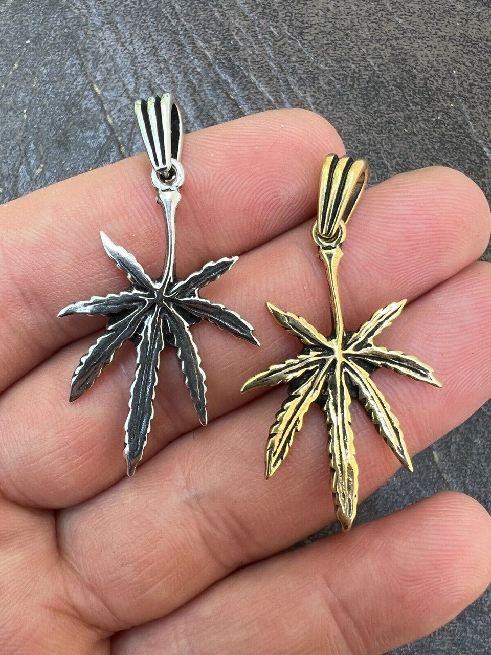 HarlemBling Real 925 Silver / 14k Gold Plated Marijuana Leaf Oxidized Pendant Necklace Charm