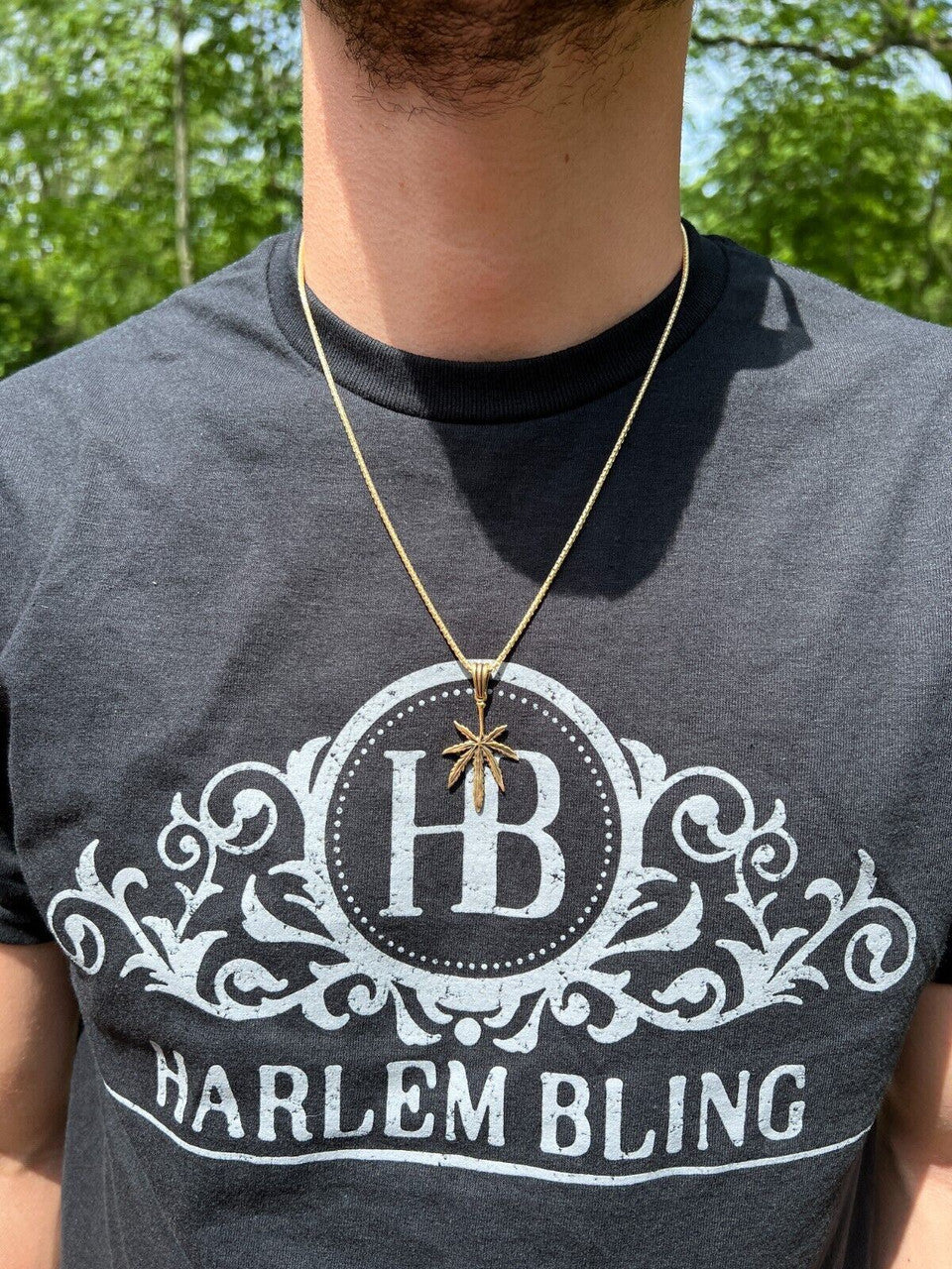 HarlemBling Real 925 Silver / 14k Gold Plated Marijuana Leaf Oxidized Pendant Necklace Charm