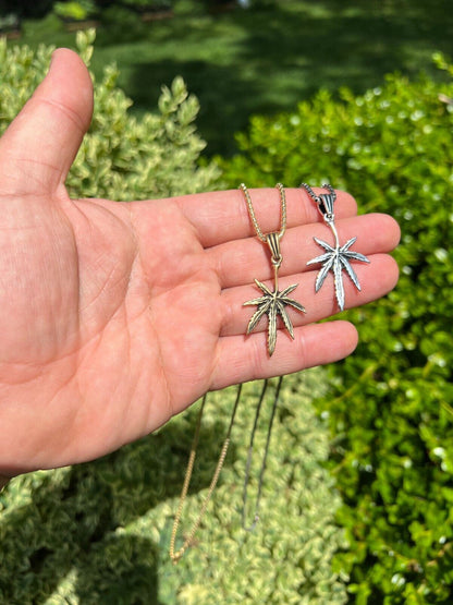 HarlemBling Real 925 Silver / 14k Gold Plated Marijuana Leaf Oxidized Pendant Necklace Charm