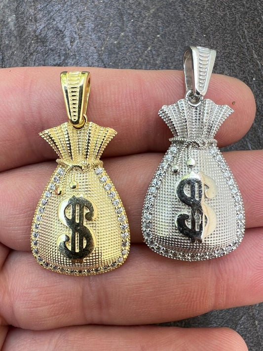 HarlemBling Real 925 Silver / 14k Gold Plated Money Bag Dollar Sign Pendant Necklace Iced