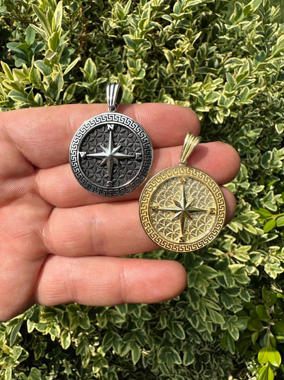 HarlemBling Real 925 Silver / 14k Gold Plated North Star Compass Medallion Pendant Necklace