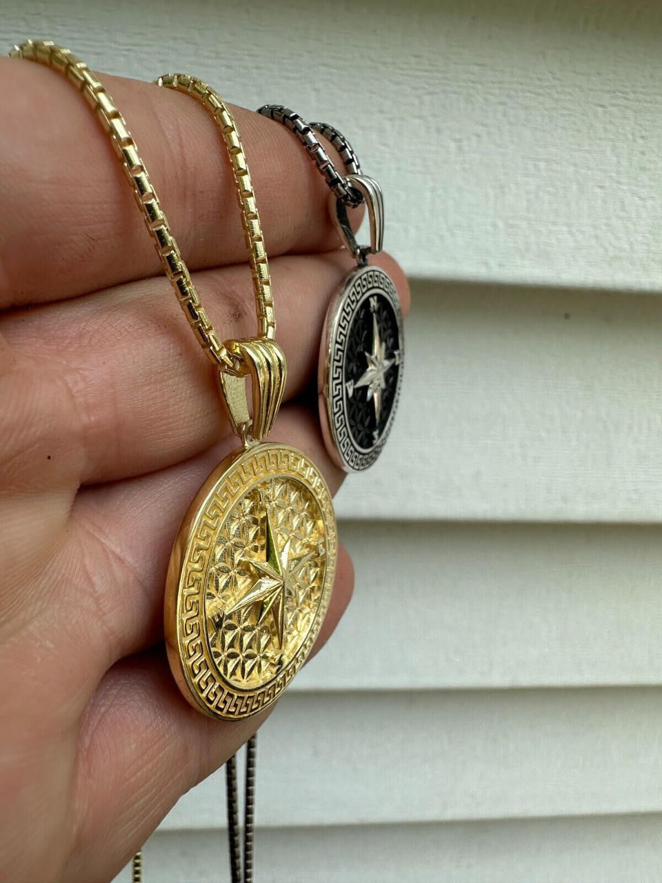 HarlemBling Real 925 Silver / 14k Gold Plated North Star Compass Medallion Pendant Necklace