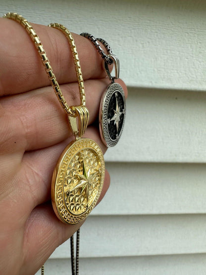 HarlemBling Real 925 Silver / 14k Gold Plated North Star Compass Medallion Pendant Necklace