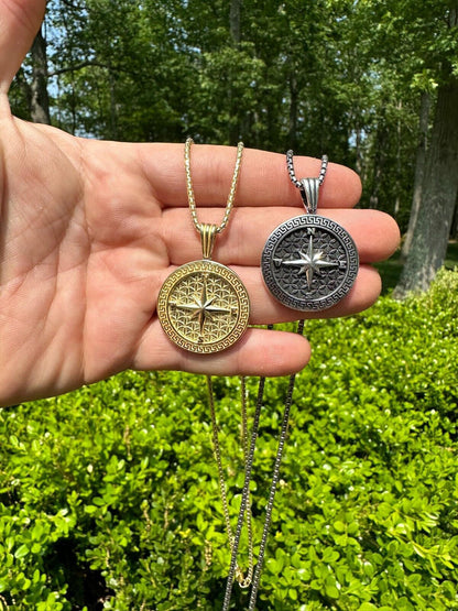 HarlemBling Real 925 Silver / 14k Gold Plated North Star Compass Medallion Pendant Necklace