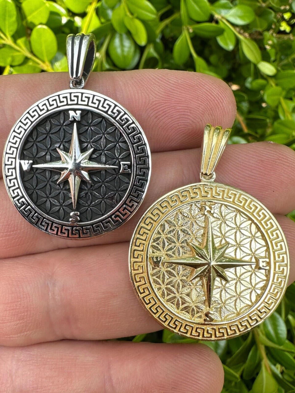 HarlemBling Real 925 Silver / 14k Gold Plated North Star Compass Medallion Pendant Necklace