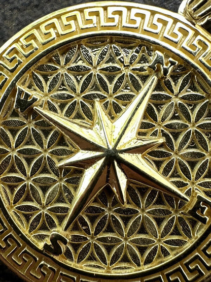 HarlemBling Real 925 Silver / 14k Gold Plated North Star Compass Medallion Pendant Necklace