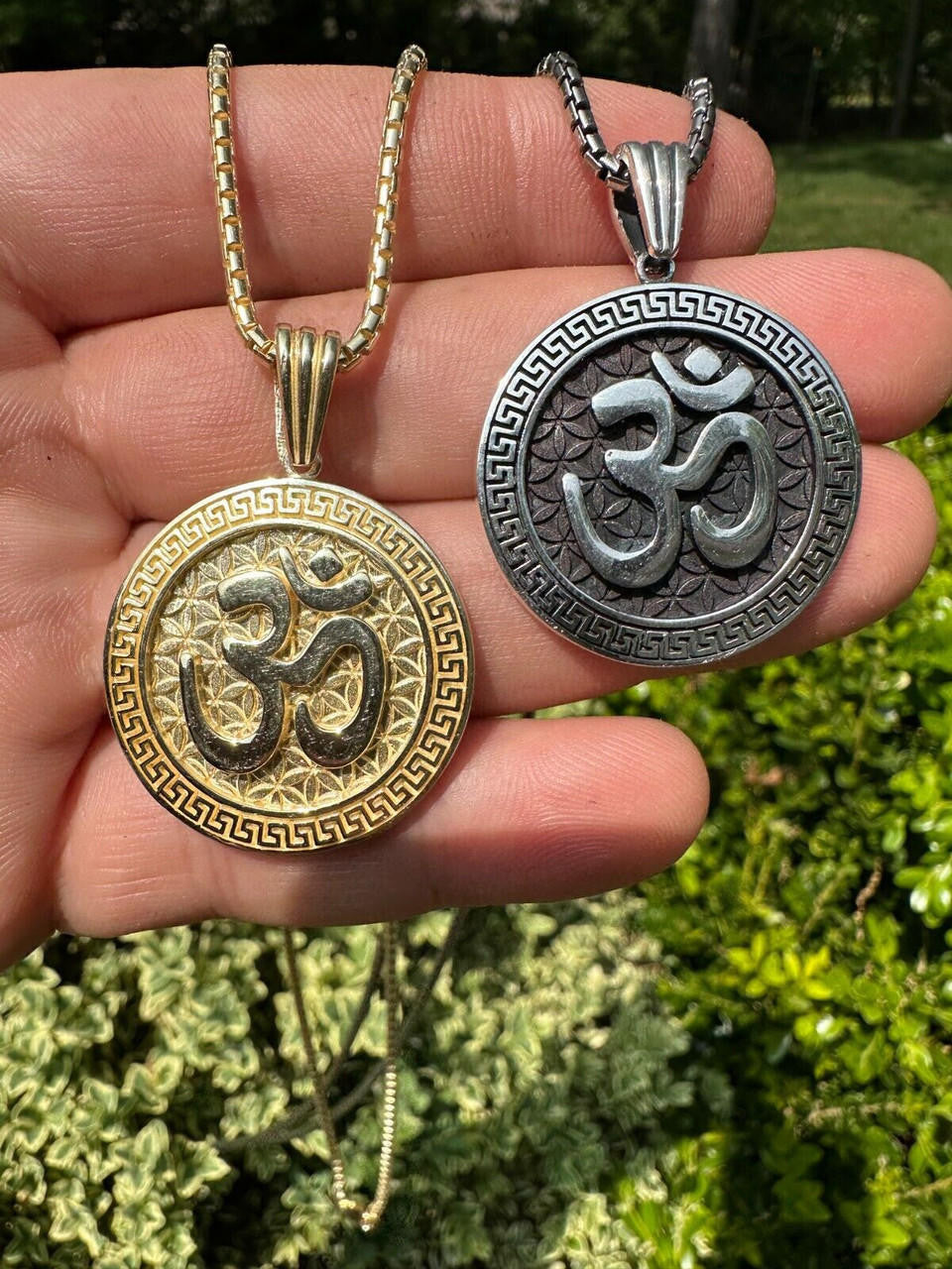 HarlemBling Real 925 Silver / 14k Gold Plated Ohn Hindu Om Big 1" Medallion Pendant Necklace