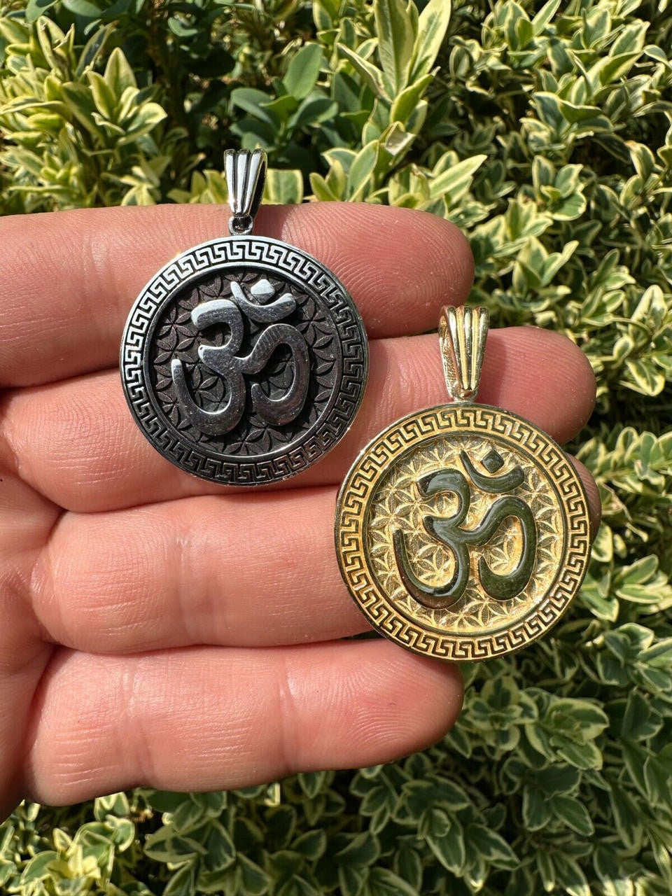 HarlemBling Real 925 Silver / 14k Gold Plated Ohn Hindu Om Big 1" Medallion Pendant Necklace
