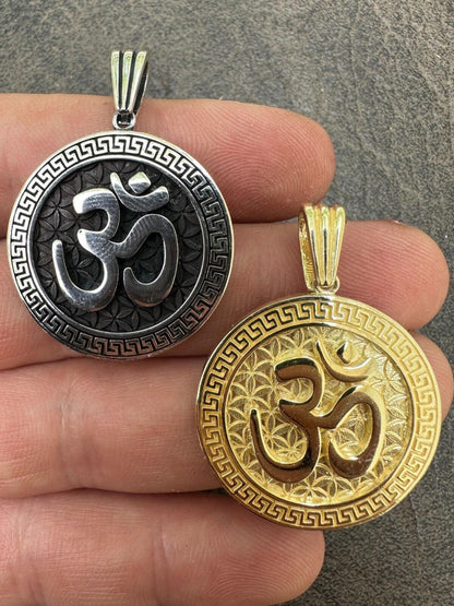 HarlemBling Real 925 Silver / 14k Gold Plated Ohn Hindu Om Big 1" Medallion Pendant Necklace
