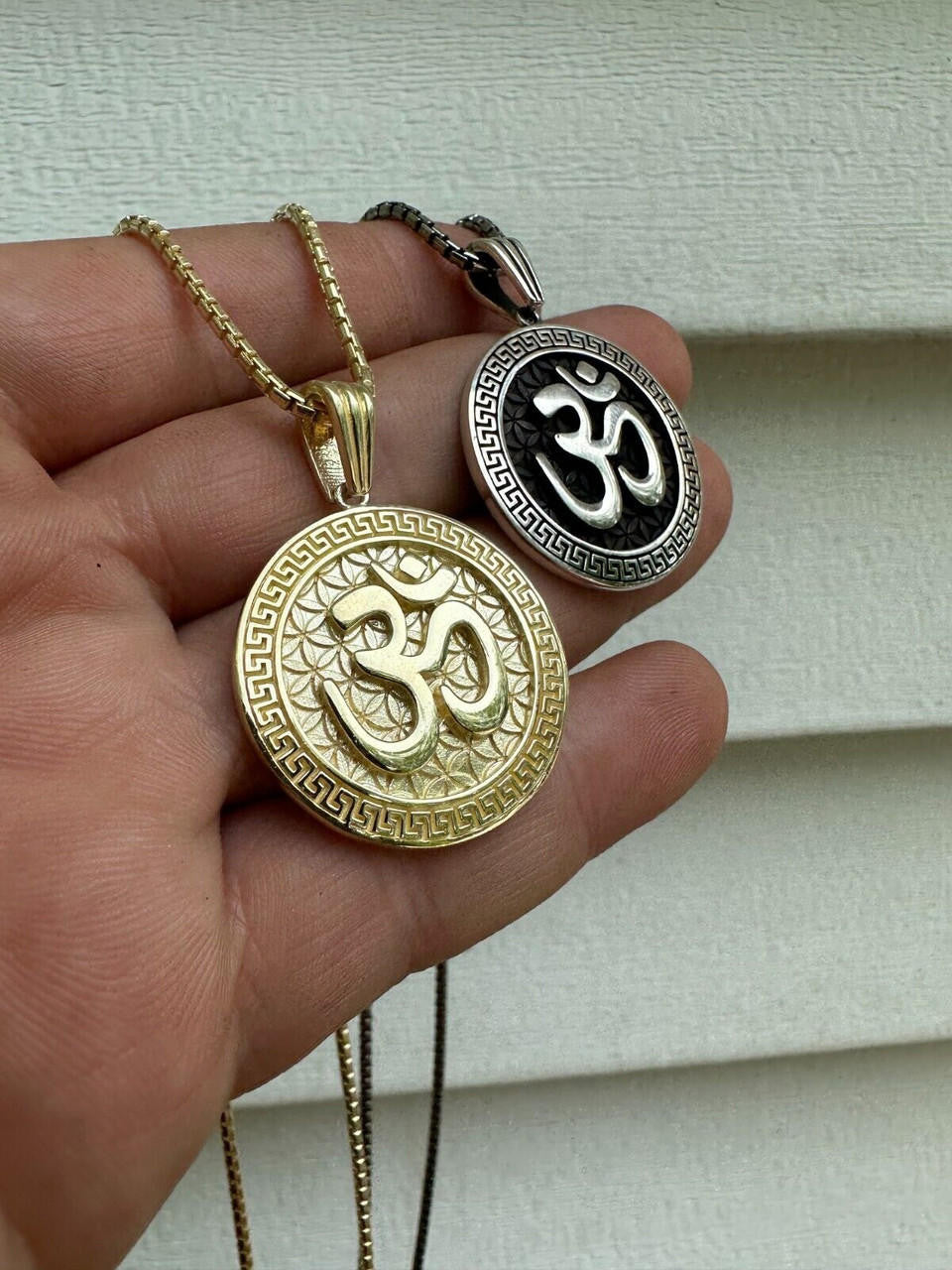 HarlemBling Real 925 Silver / 14k Gold Plated Ohn Hindu Om Big 1" Medallion Pendant Necklace