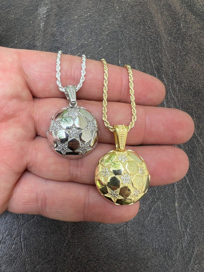 HarlemBling Real 925 Silver / 14k Gold Plated Soccer Ball Futbol Star Pendant Necklace Iced