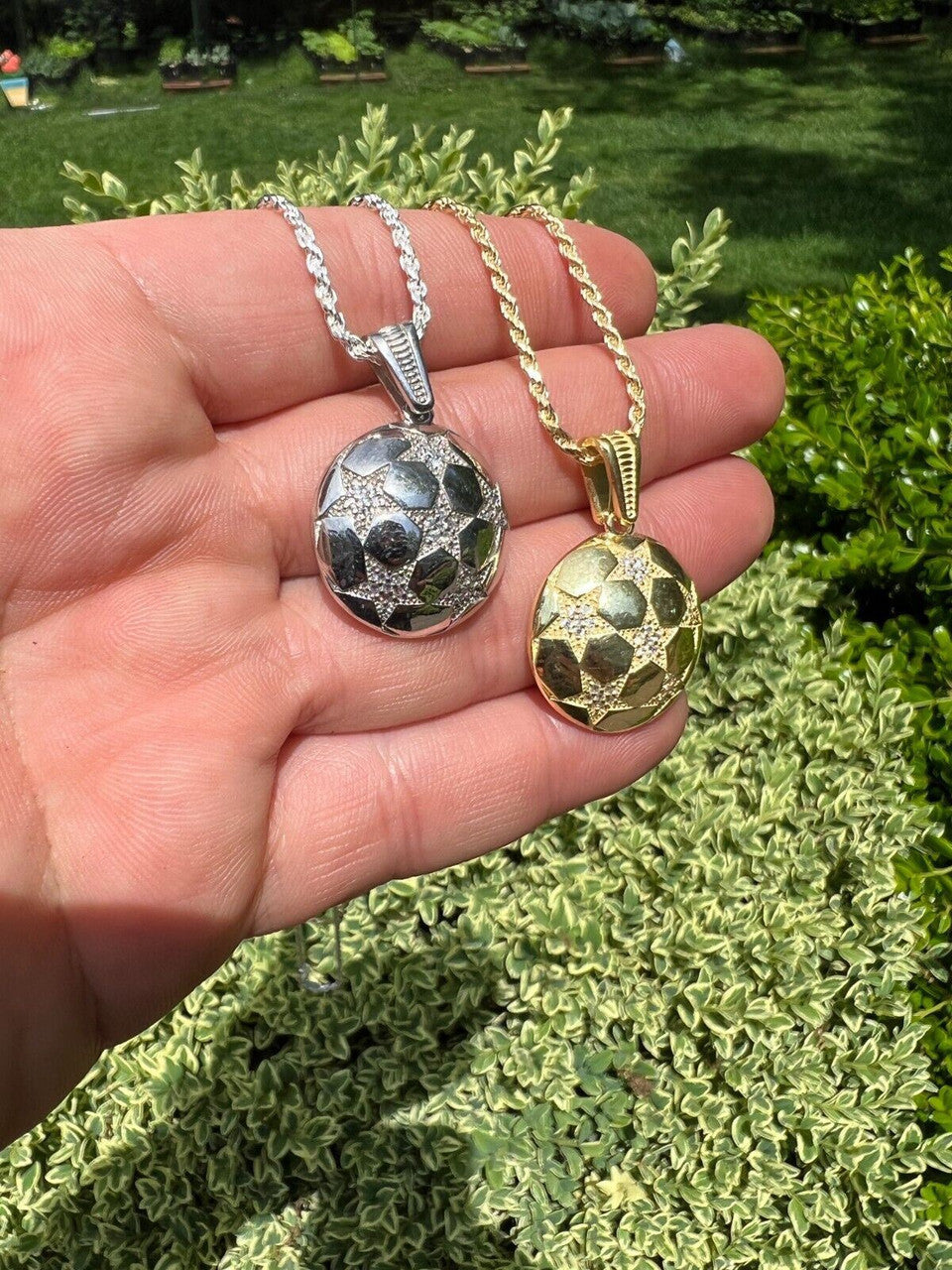HarlemBling Real 925 Silver / 14k Gold Plated Soccer Ball Futbol Star Pendant Necklace Iced