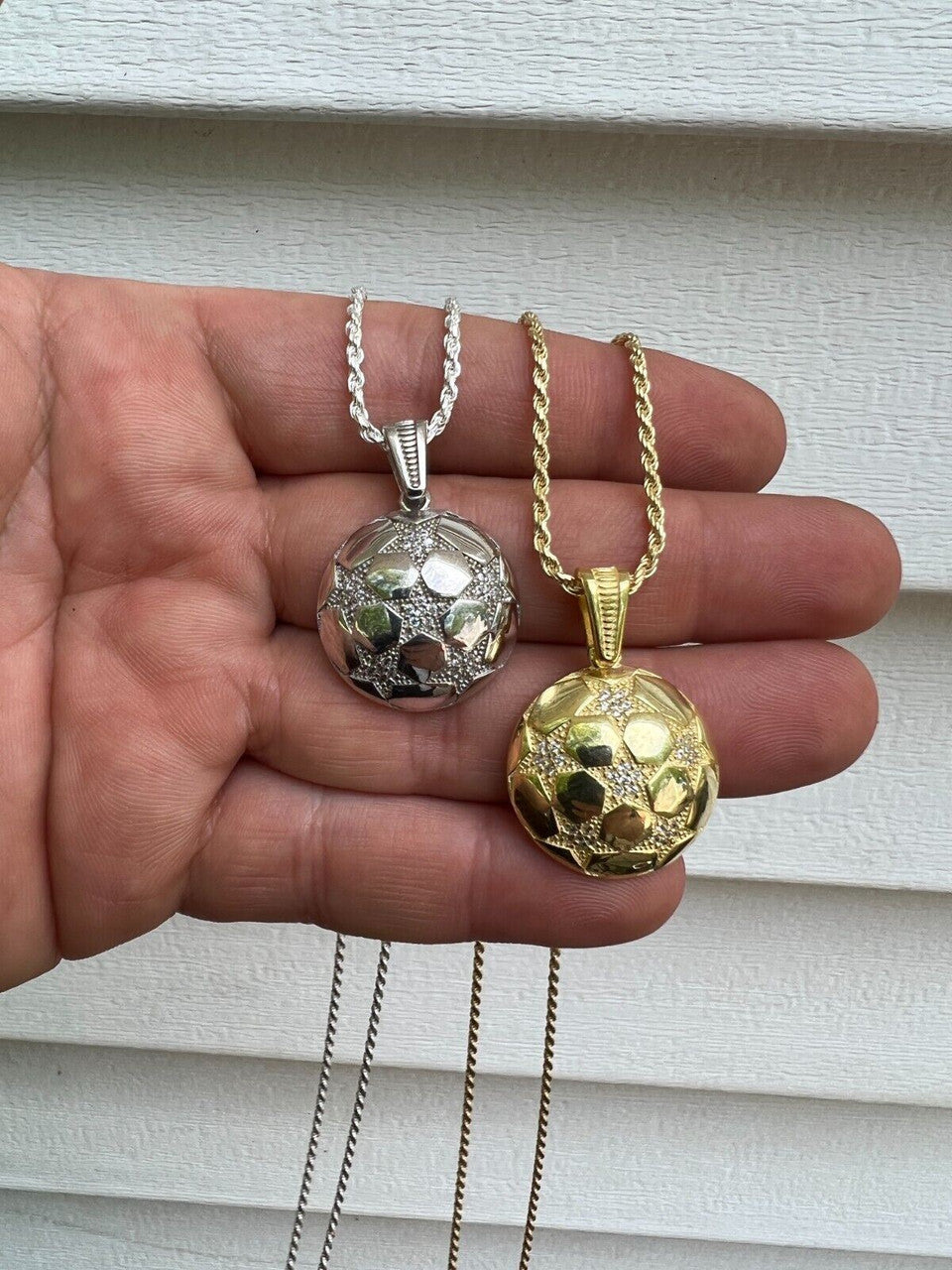 HarlemBling Real 925 Silver / 14k Gold Plated Soccer Ball Futbol Star Pendant Necklace Iced