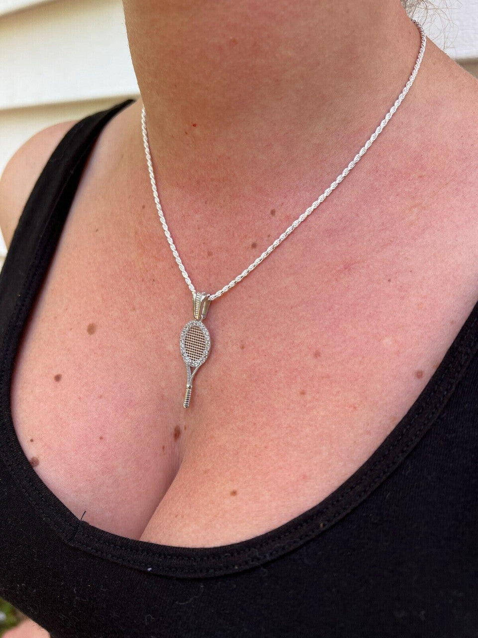 HarlemBling Real 925 Silver / 14k Gold Plated Tennis Racket Pendant Necklace Mens Ladies Ice