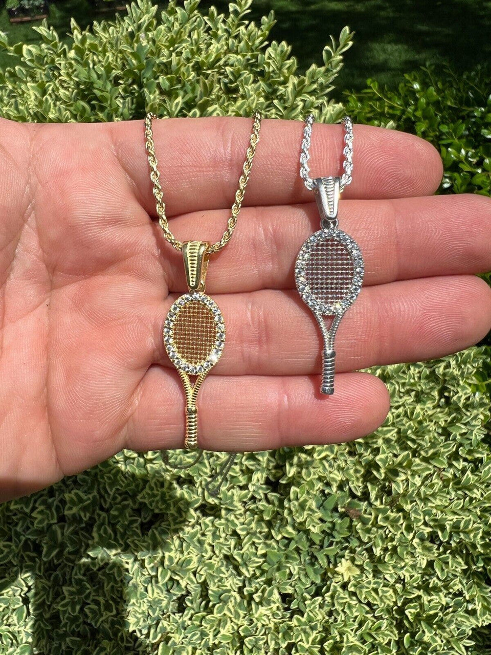 HarlemBling Real 925 Silver / 14k Gold Plated Tennis Racket Pendant Necklace Mens Ladies Ice