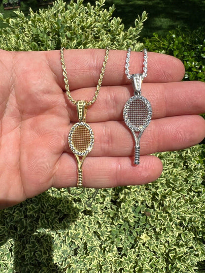HarlemBling Real 925 Silver / 14k Gold Plated Tennis Racket Pendant Necklace Mens Ladies Ice