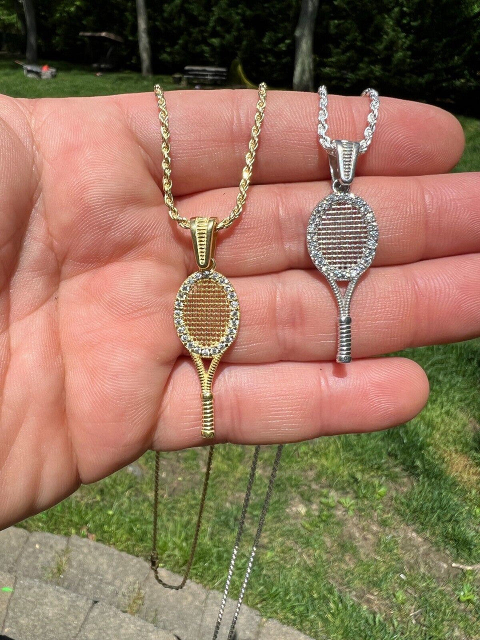 HarlemBling Real 925 Silver / 14k Gold Plated Tennis Racket Pendant Necklace Mens Ladies Ice