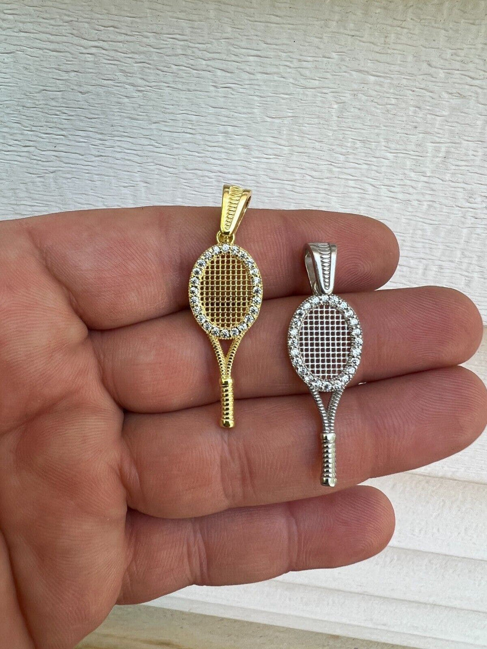 HarlemBling Real 925 Silver / 14k Gold Plated Tennis Racket Pendant Necklace Mens Ladies Ice