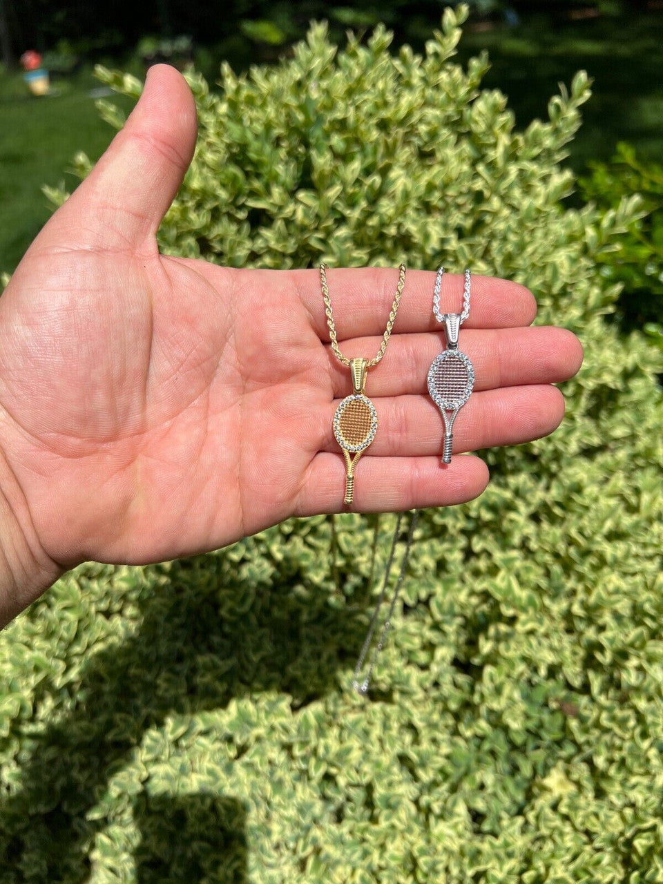 HarlemBling Real 925 Silver / 14k Gold Plated Tennis Racket Pendant Necklace Mens Ladies Ice