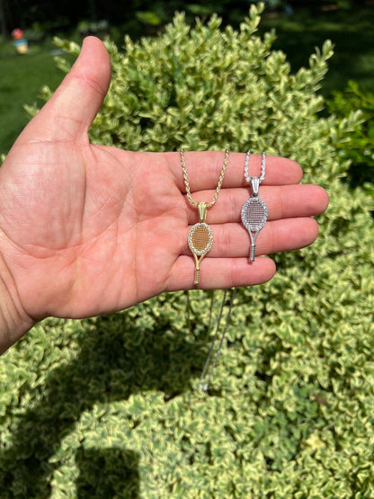 HarlemBling Real 925 Silver / 14k Gold Plated Tennis Racket Pendant Necklace Mens Ladies Ice